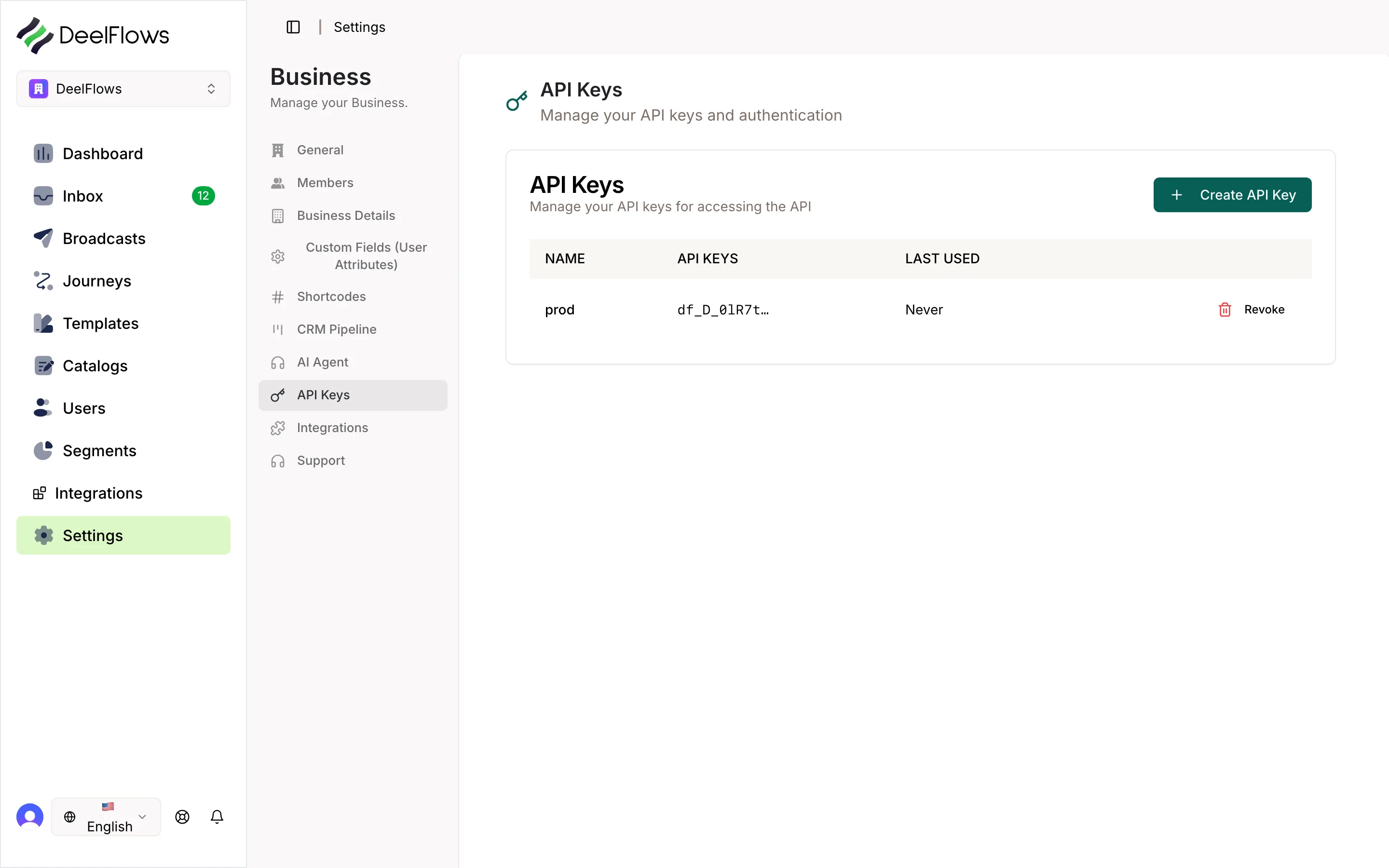 Settings API keys screen for creating a DeelFlows public API key.