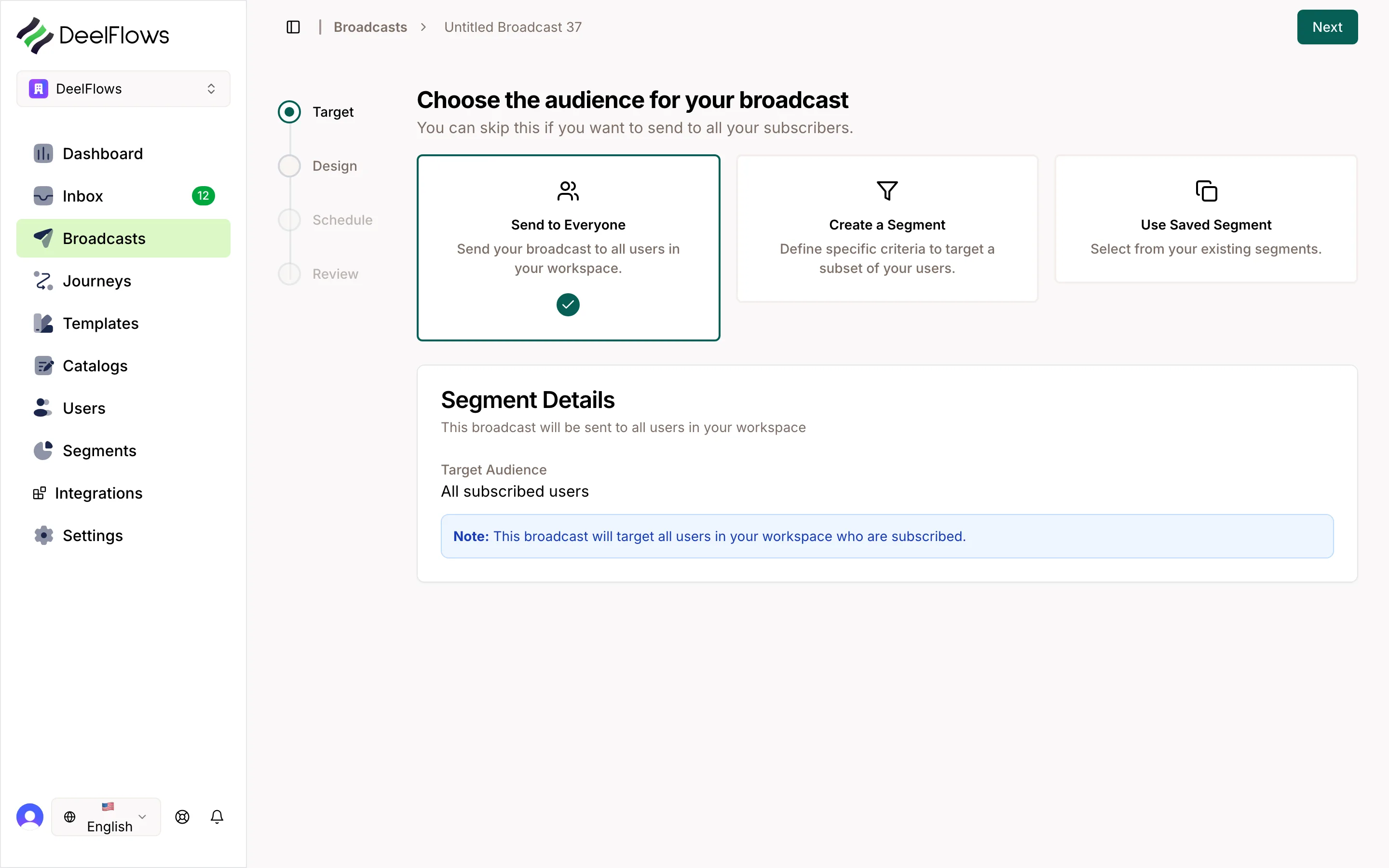 Broadcast wizard on the target step, choosing who receives the message.