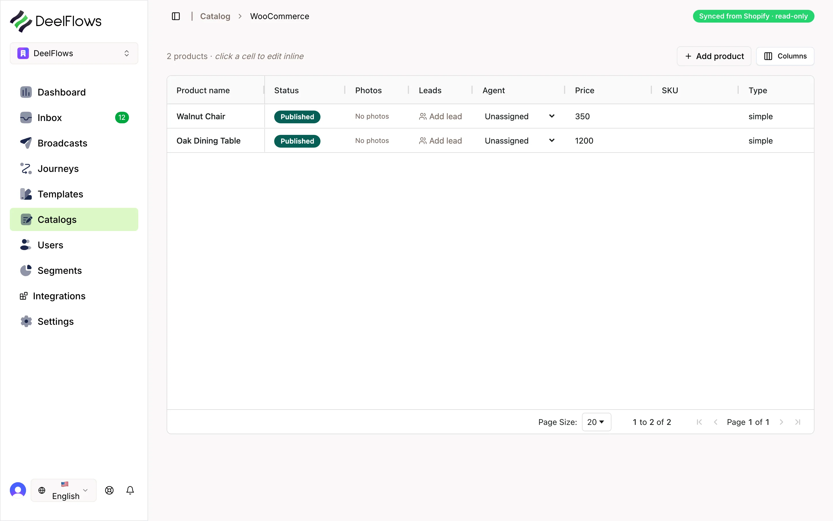 Catalog product grid synced from WooCommerce, showing published products with price and SKU.