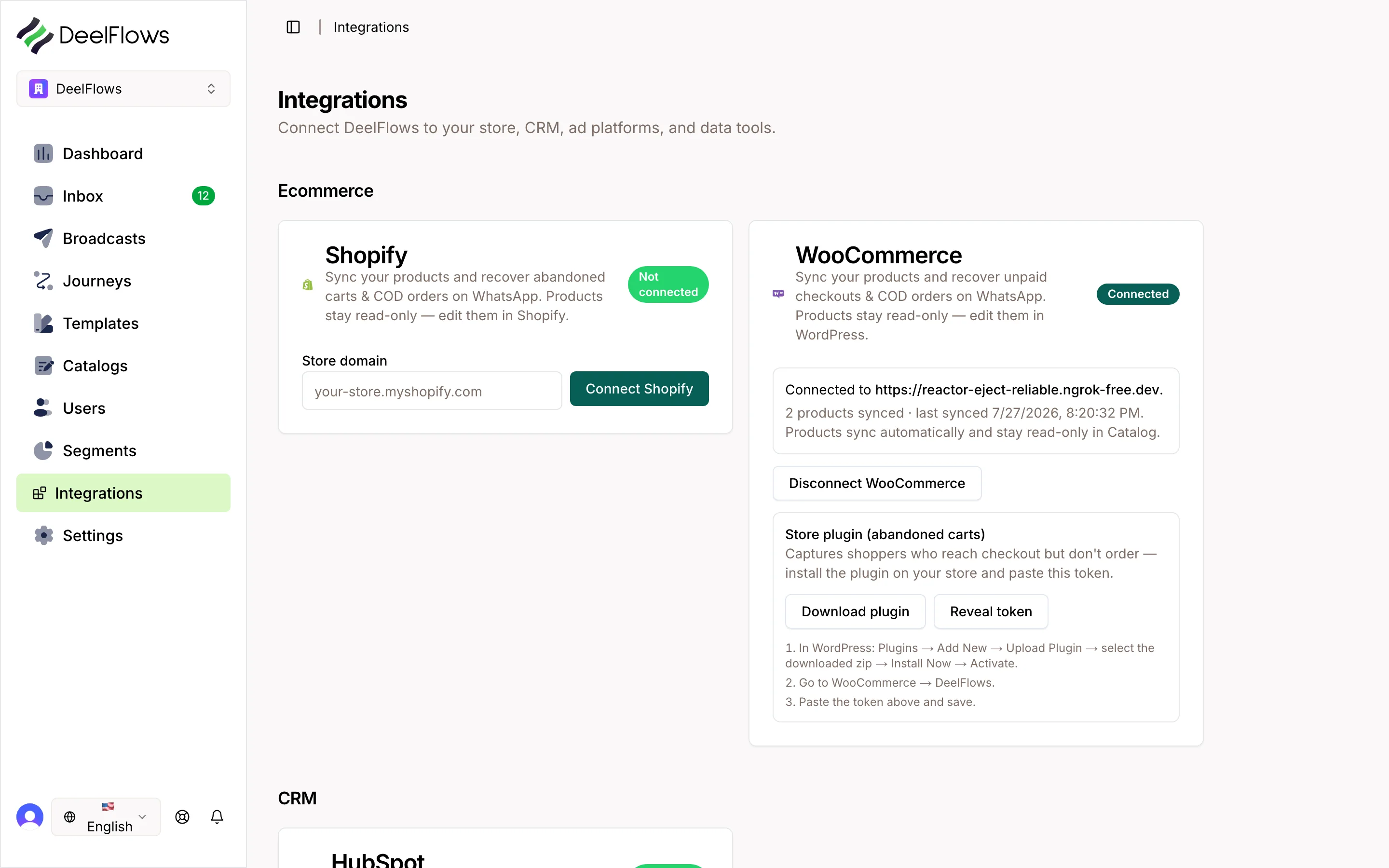 The DeelFlows integrations page, where the Shopify connector is listed.
