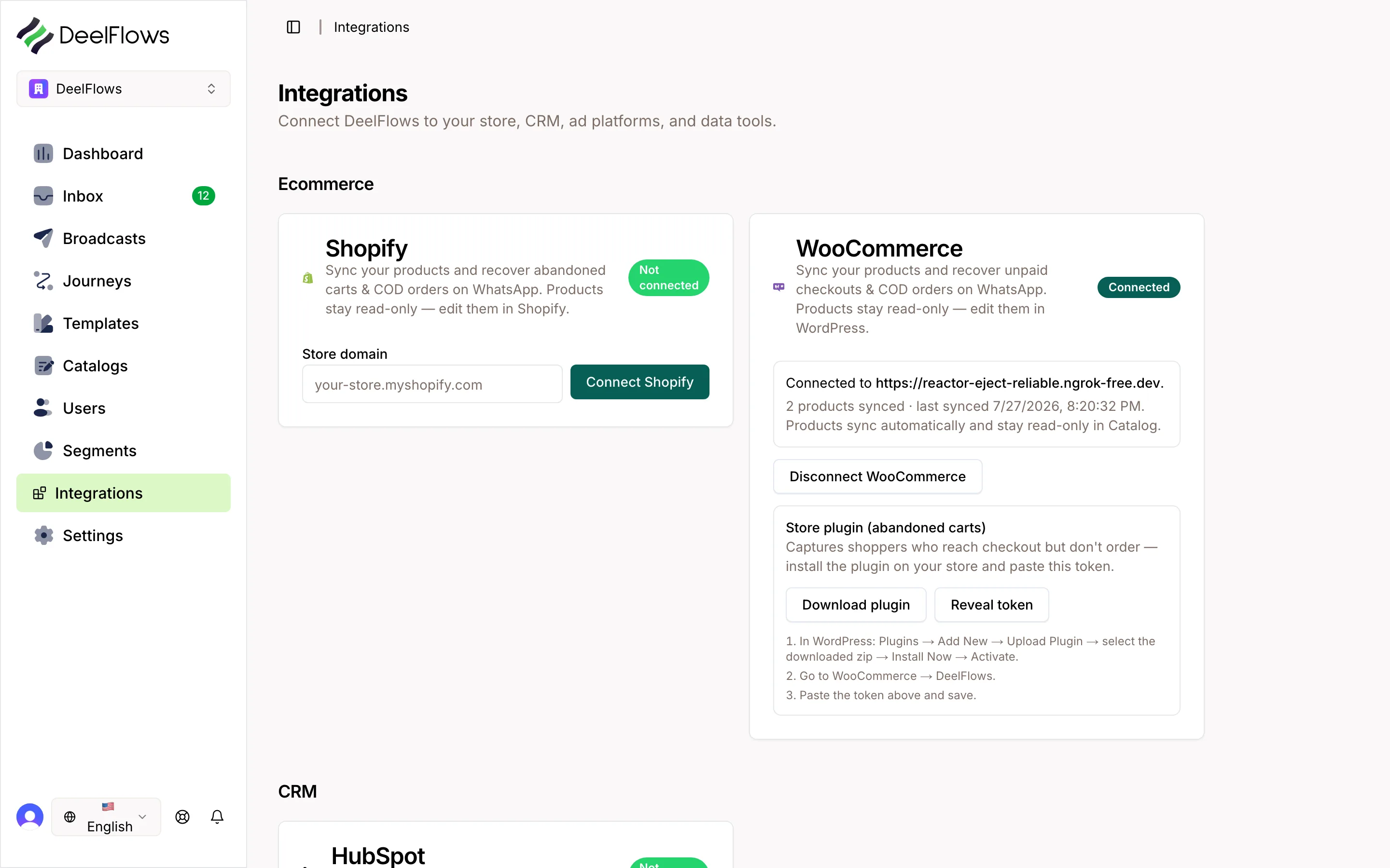 The DeelFlows integrations page, where the HubSpot connector is listed.