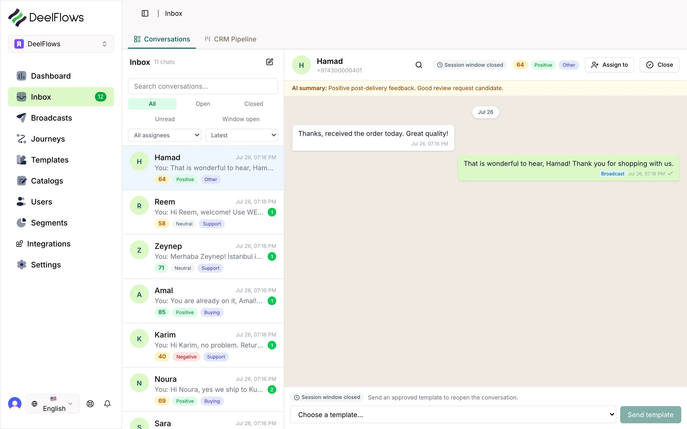 Inbox thread whose session window has closed: the composer is replaced by a template picker reading “Send an approved template to reopen the conversation”.