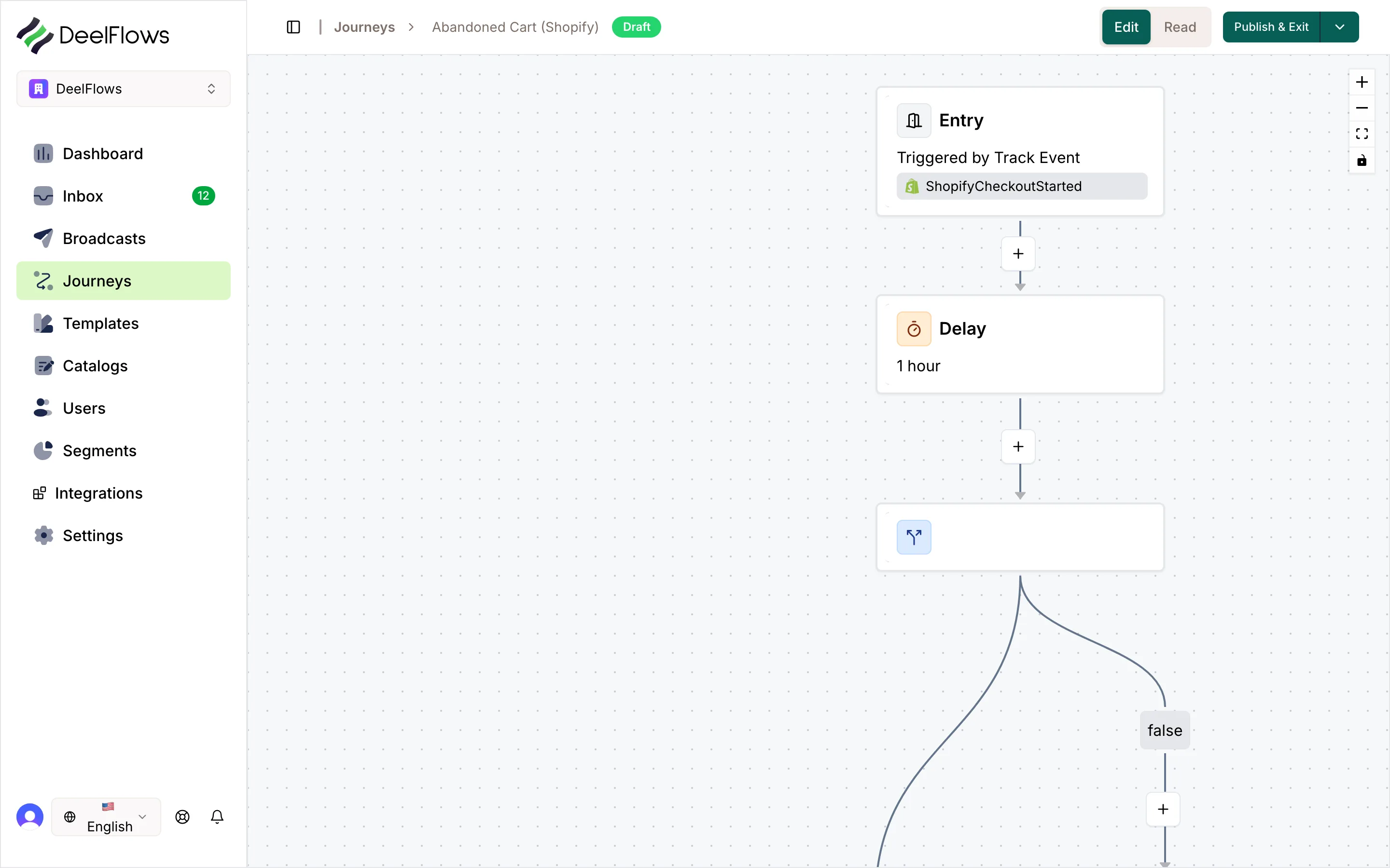 Journey canvas for the Shopify abandoned cart preset: Entry triggered by ShopifyCheckoutStarted, a one-hour delay, then a split.