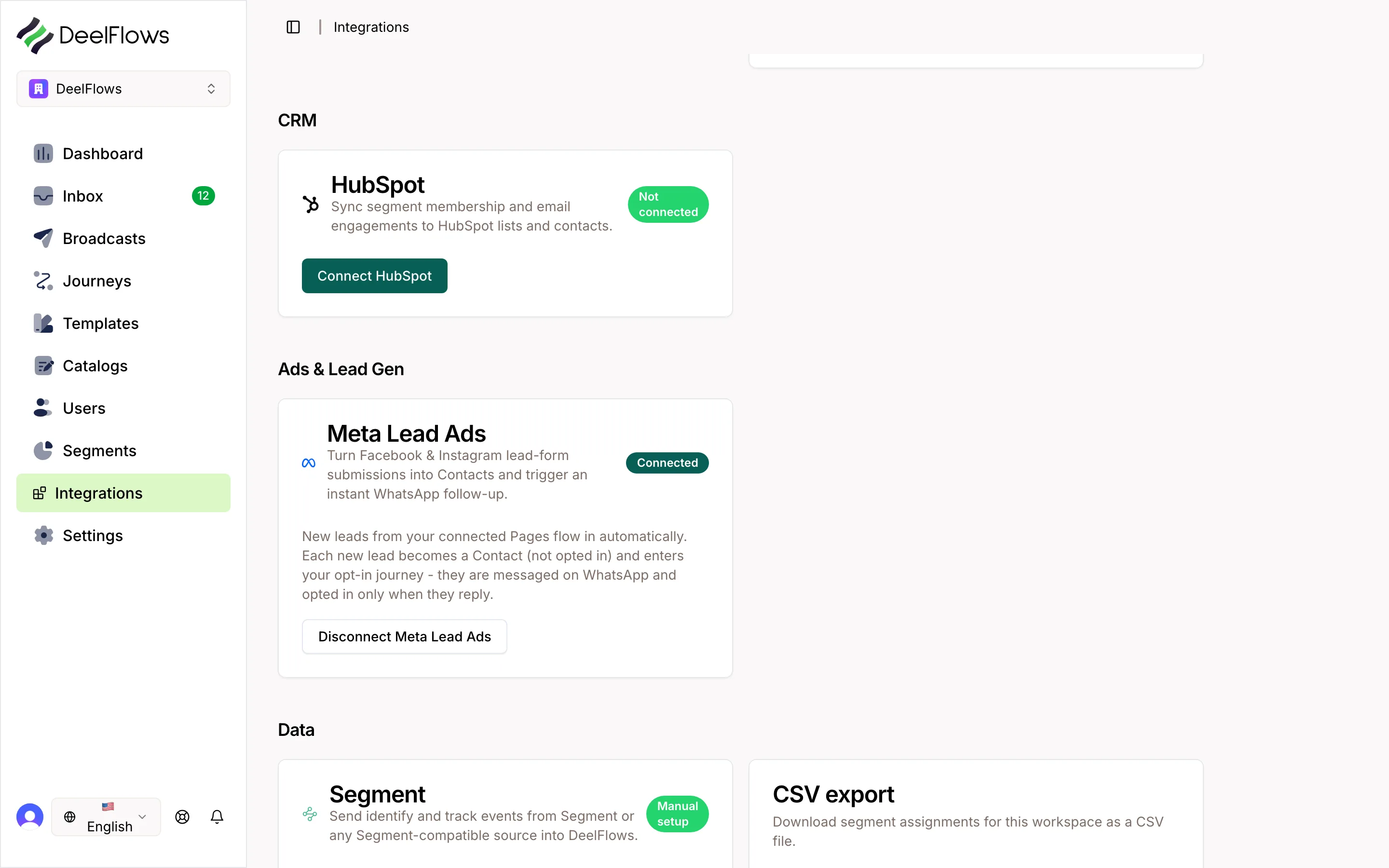 The DeelFlows integrations page, where the Meta Lead Ads connector is listed.
