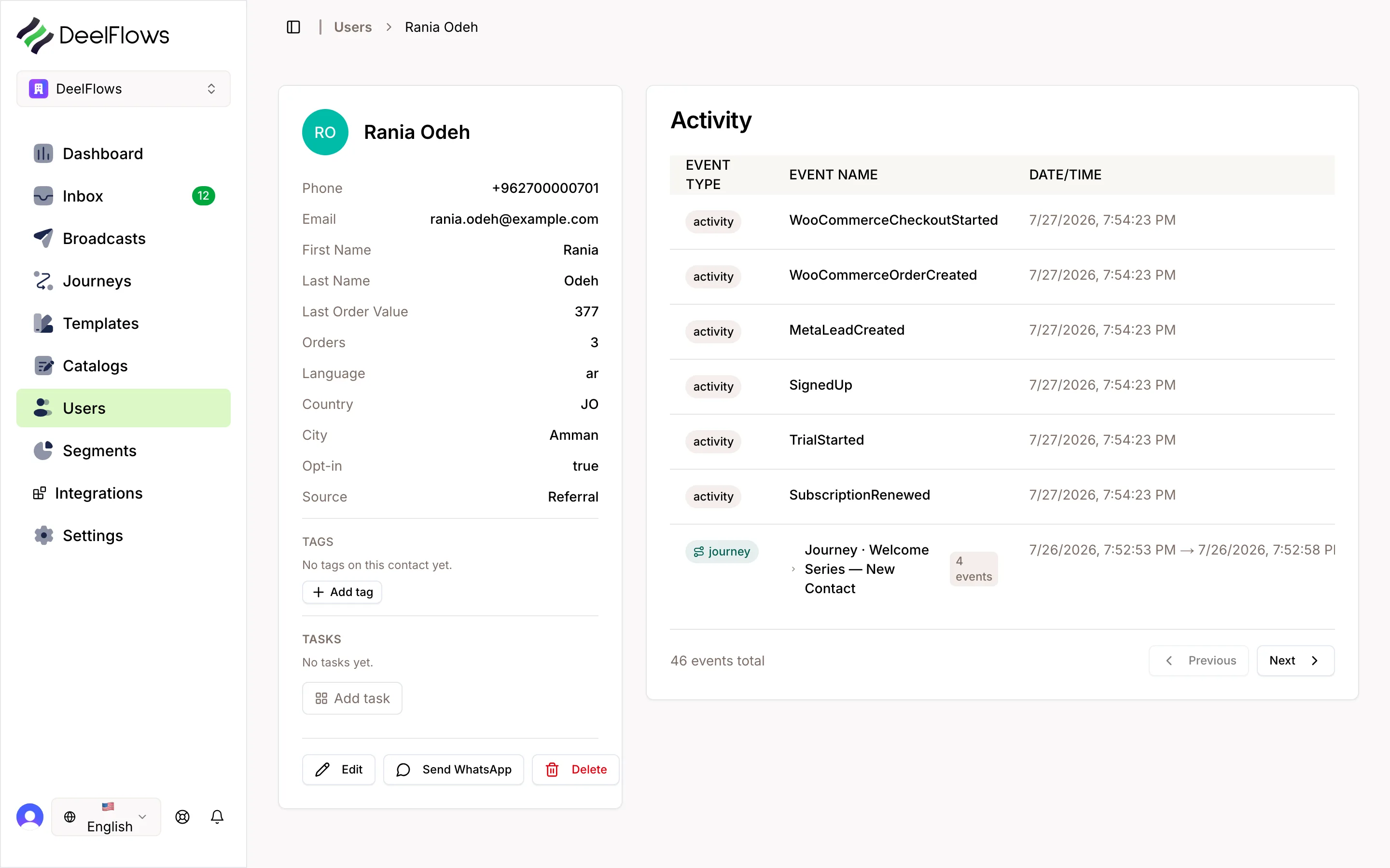 Contact profile showing the opt-in status for a single contact.