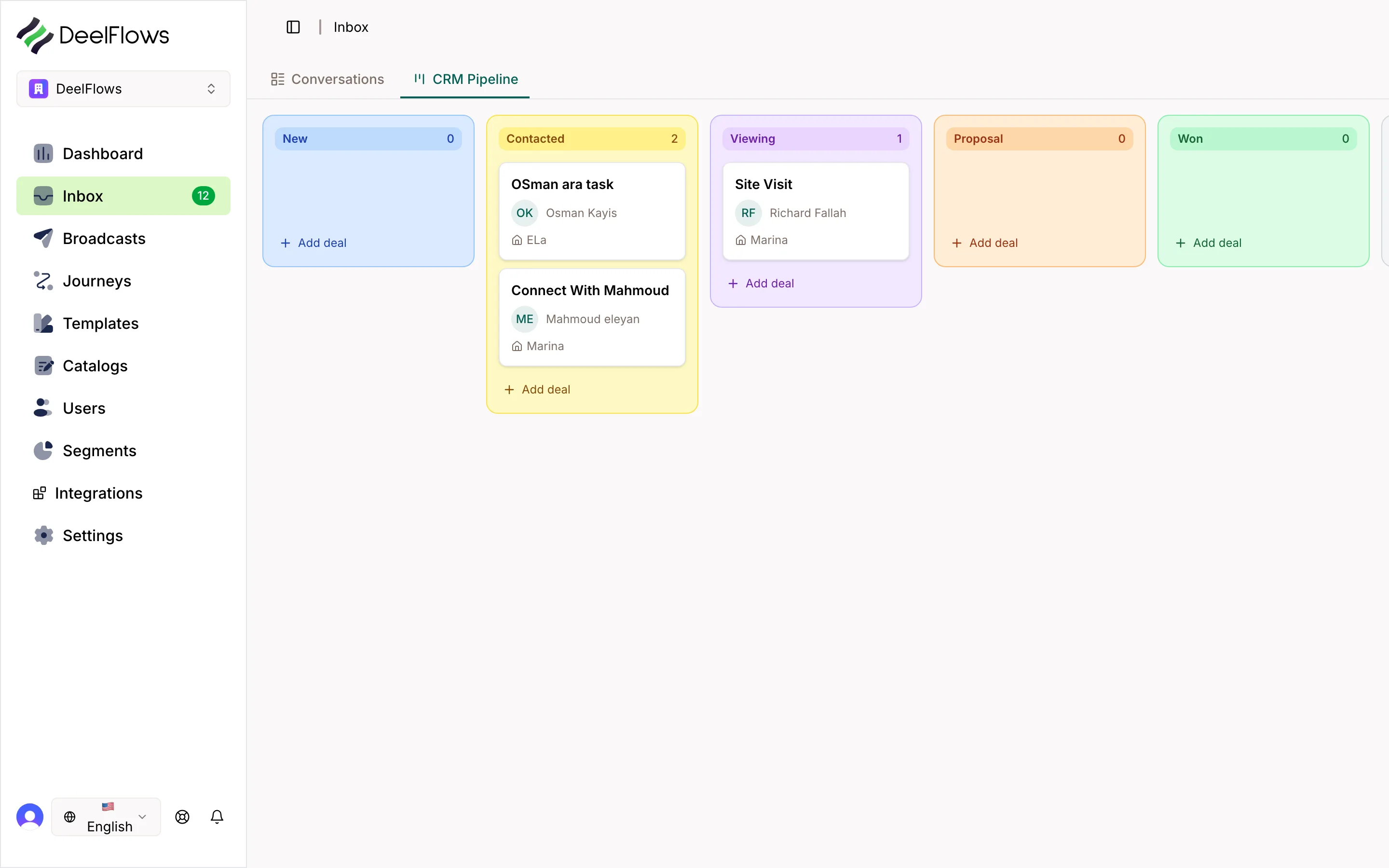 Inbox CRM Pipeline board with deals arranged in stages.