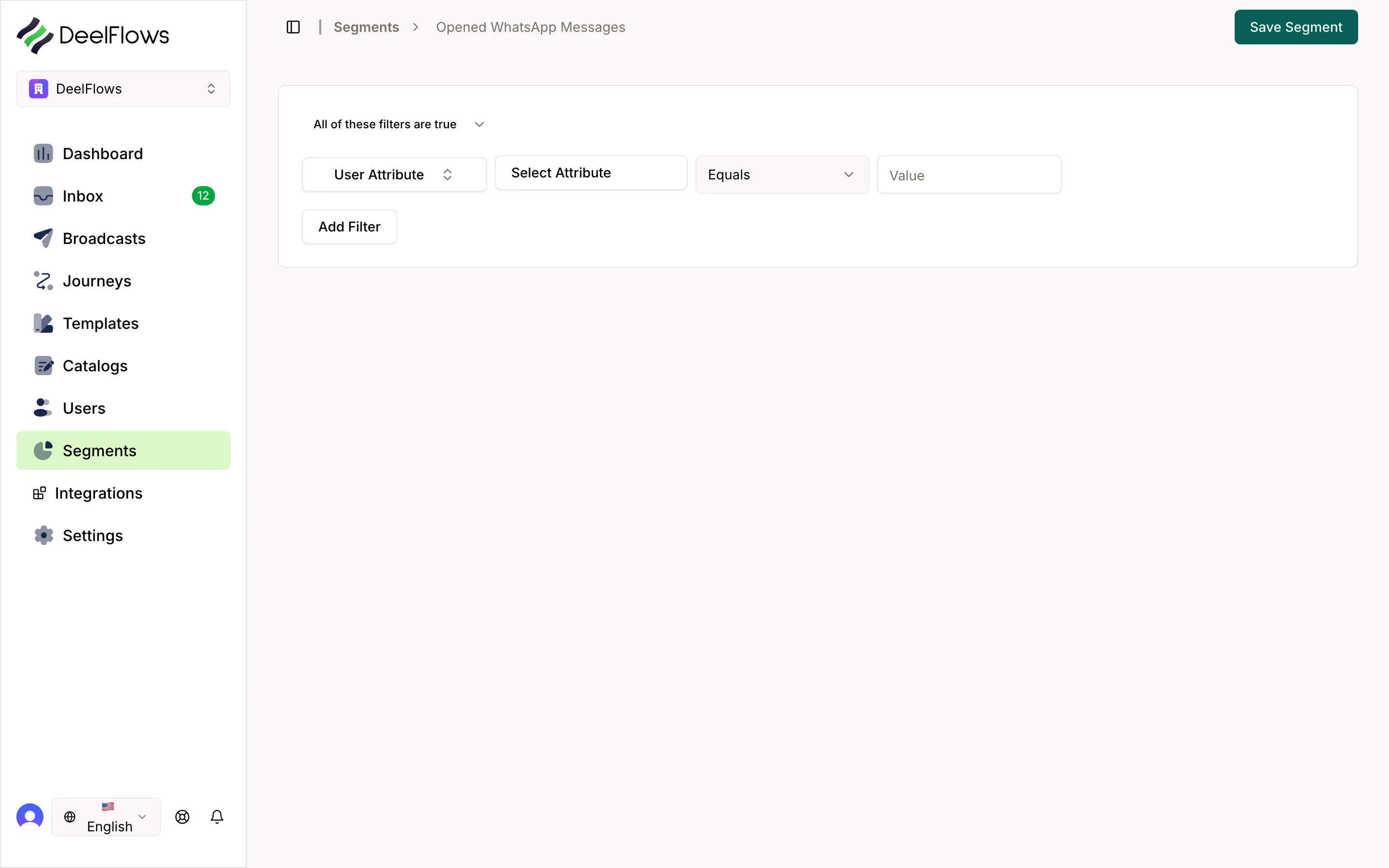 Segment builder for a filtered segment, showing the “All of these filters are true” rule group with a User Attribute condition ready to be configured.