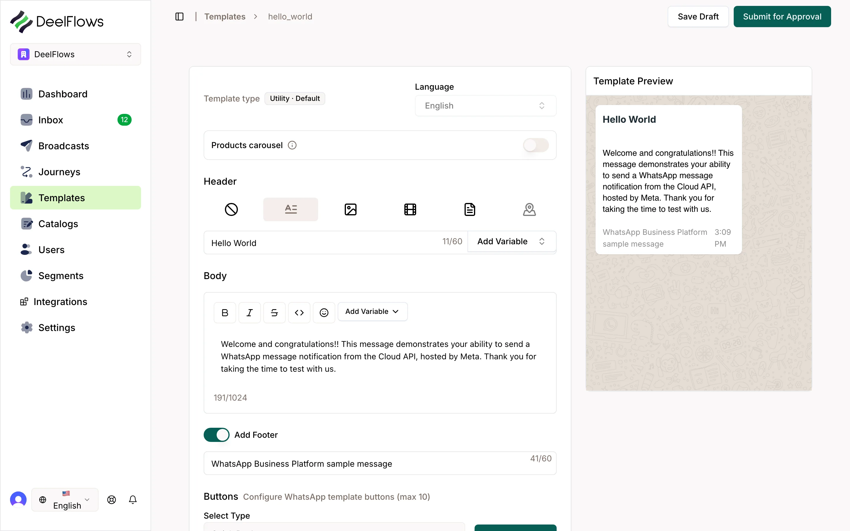 WhatsApp template editor with the message body, buttons and the variable picker.